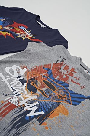4'lü Süper Man Baskılı Lacivert Tshirt Şort Pantolon Takım