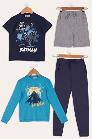 4'lü Batman Baskılı Lacivert Tshirt Şort Pantolon Takım