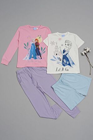4'lü Frozen Baskılı Pudra Tshirt Şort Pantolon Takım