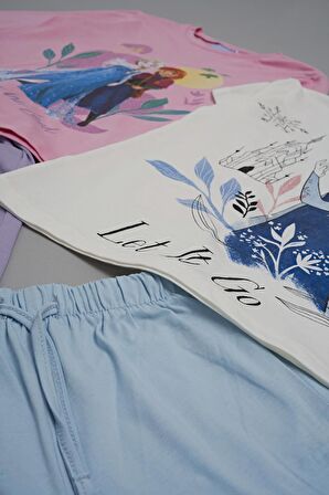 4'lü Frozen Baskılı Pudra Tshirt Şort Pantolon Takım