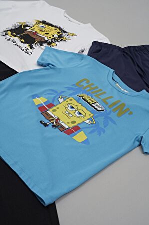 4'lü Sünger Bob Baskı Lacivert Tshirt Şort Pantolon Takım