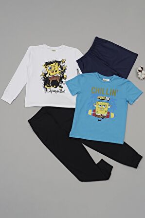 4'lü Sünger Bob Baskı Lacivert Tshirt Şort Pantolon Takım