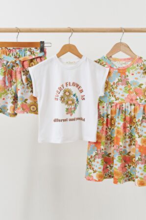 3'lü Çicekli Elbise Yeşil Takım