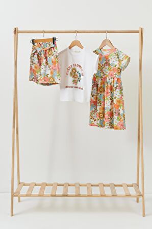 3'lü Çicekli Elbise Yeşil Takım