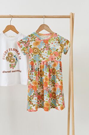 3'lü Çicekli Elbise Yeşil Takım