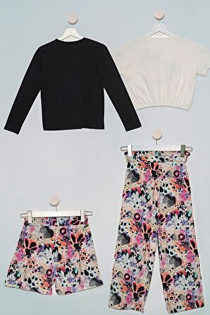 4'lü Batik Desen Çicek Tshirt Pantolon Şort Siyah Takım