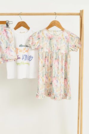 3'lü Tshirt Elbise Şort Sarı Takım