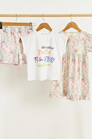 3'lü Tshirt Elbise Şort Sarı Takım