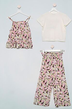 3'lü Desenli Bluz Tshirt Pantolon Ekru Takım