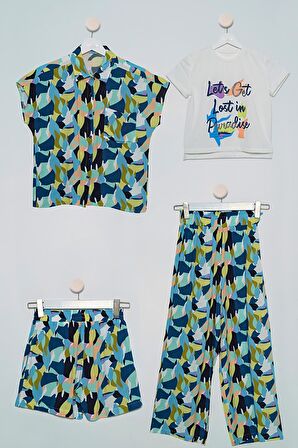 4'lü Desenli Gömlek Tshirt Pantolon Şort Lacivert Takım