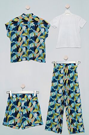 4'lü Desenli Gömlek Tshirt Pantolon Şort Lacivert Takım