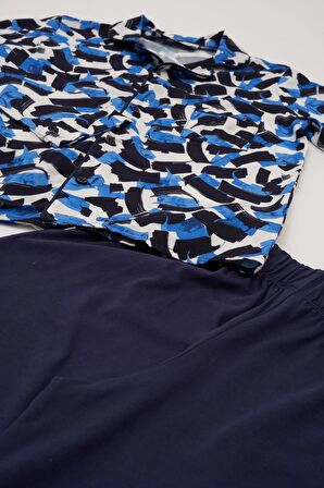 3'lü Ara Biyeli Tshirt Pantolon Lacivert Pijama Takımı