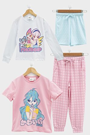 4'lü Winx Baskılı Tshirt Şort Pantolon Beyaz Takım 