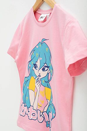 4'lü Winx Baskılı Tshirt Şort Pantolon Beyaz Takım 