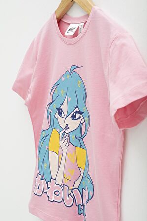 4'lü Winx Baskılı Tshirt Şort Pantolon Beyaz Takım 