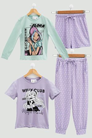 4'lü Winx Baskılı Tshirt Şort Pantolon Lila Takım 