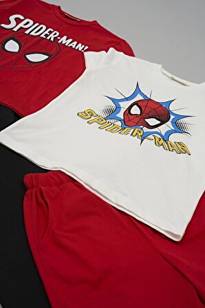 4'lü SPİDER-MAN Baskılı Tshirt Şort Pantolon Kırmızı Takım