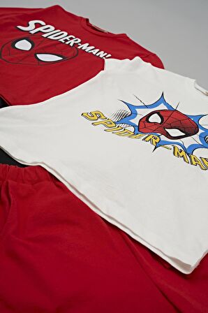 4'lü SPİDER-MAN Baskılı Tshirt Şort Pantolon Kırmızı Takım