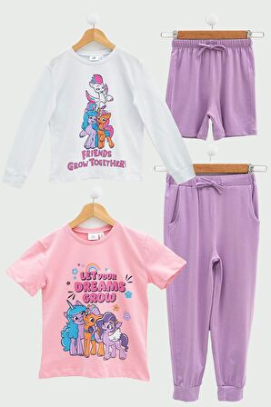 4'lü My Little Ponny Tshirt Şort Pantolon Lila Takım 