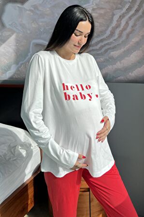 Hello Baby Baskılı Hamile Uzun Kol Ekru Pijama Takımı