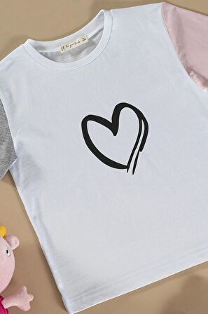 Kalp Baskılı Gri Tshirt Şort Takım