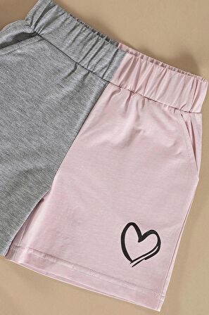 Kalp Baskılı Gri Tshirt Şort Takım