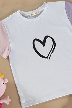 Kalp Baskılı Lila Tshirt Şort Takım