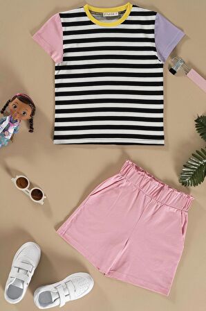 Çizgili Garni Detaylı Pembe Alt Üst Takım