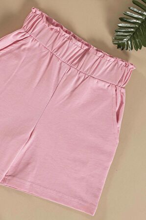 Çizgili Volanlı Kol Tshirt Şort Pembe Takım