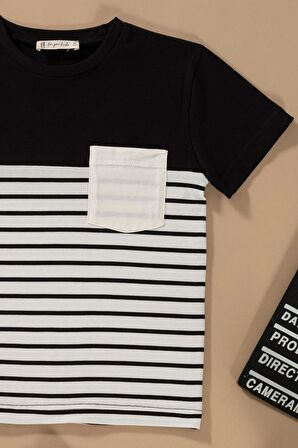 Çizgili Garnili Cepli Siyah Tshirt Şort Takım