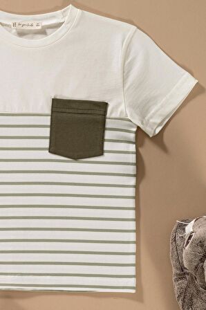 Çizgili Garnili Cepli Yeşil Tshirt Şort Takım