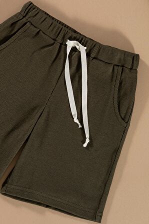 Çizgili Garnili Cepli Yeşil Tshirt Şort Takım