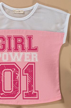 File Detaylı Baskılı Pembe Tshirt Şort Takım