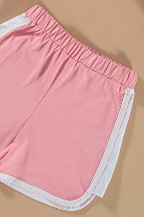 File Detaylı Baskılı Pembe Tshirt Şort Takım