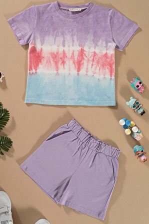Batik Yıkamalı Lila Tshirt Şort Takım