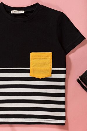 Çizgili Garnili Cepli Siyah Tshirt Şort Takım