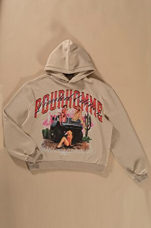 Oversize Kapişonlu Baskılı Taş Sweatshirt