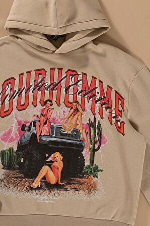 Oversize Kapişonlu Baskılı Taş Sweatshirt