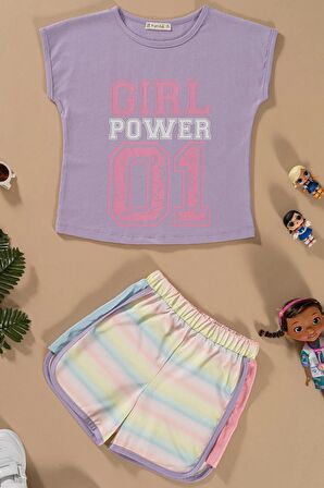 Baskılı Yarasa Kol Garni Detaylı Lila Alt Üst Takım