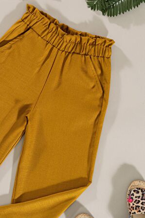 Dantel Cep Detaylı Hardal Pantolon Takım