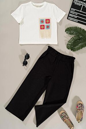 Dantel Cep Detaylı Siyah Pantolon Takım