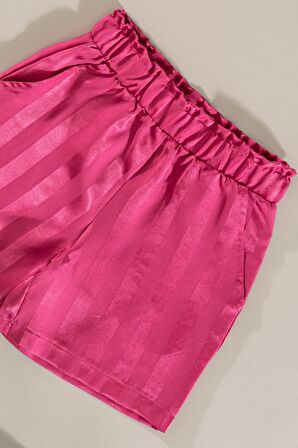 Love Nakışlı Fuşya Beyaz Jakarlı Şort Alt Üst Takım