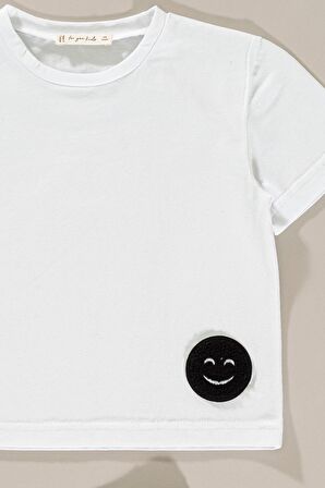 Emoji Detaylı Beyaz Alt Üst Şort Takım