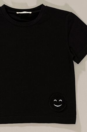 Emoji Detaylı Siyah Alt Üst Şort Takım