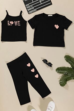 3'lü Love Baskılı Tshirt Atlet Tayt Siyah Takım