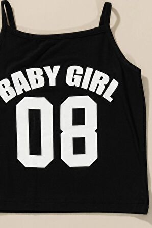 3'lü Baby Girl Baskılı Tshirt Atlet Tayt Siyah Takım