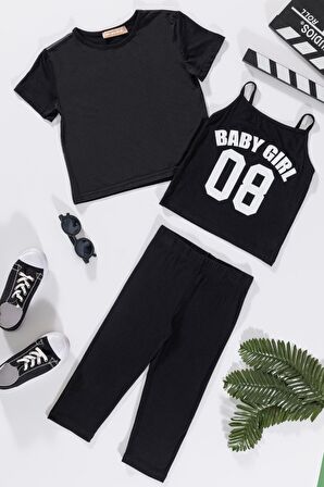 3'lü Baby Girl Baskılı Tshirt Atlet Tayt Siyah Takım