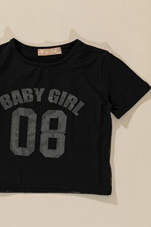 3'lü Baby Girl Baskılı Tshirt Atlet Tayt Siyah Takım