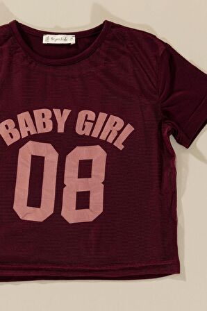 3'lü Baby Girl Baskılı Tshirt Atlet Tayt Bordo Takım