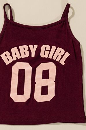 3'lü Baby Girl Baskılı Tshirt Atlet Tayt Bordo Takım